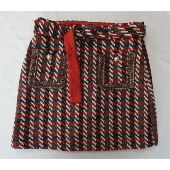 Classic Women's Tweed Skirt Sz XL Quilted Lined Belted Pearl Button Pockets Red - Picture 2 of 14